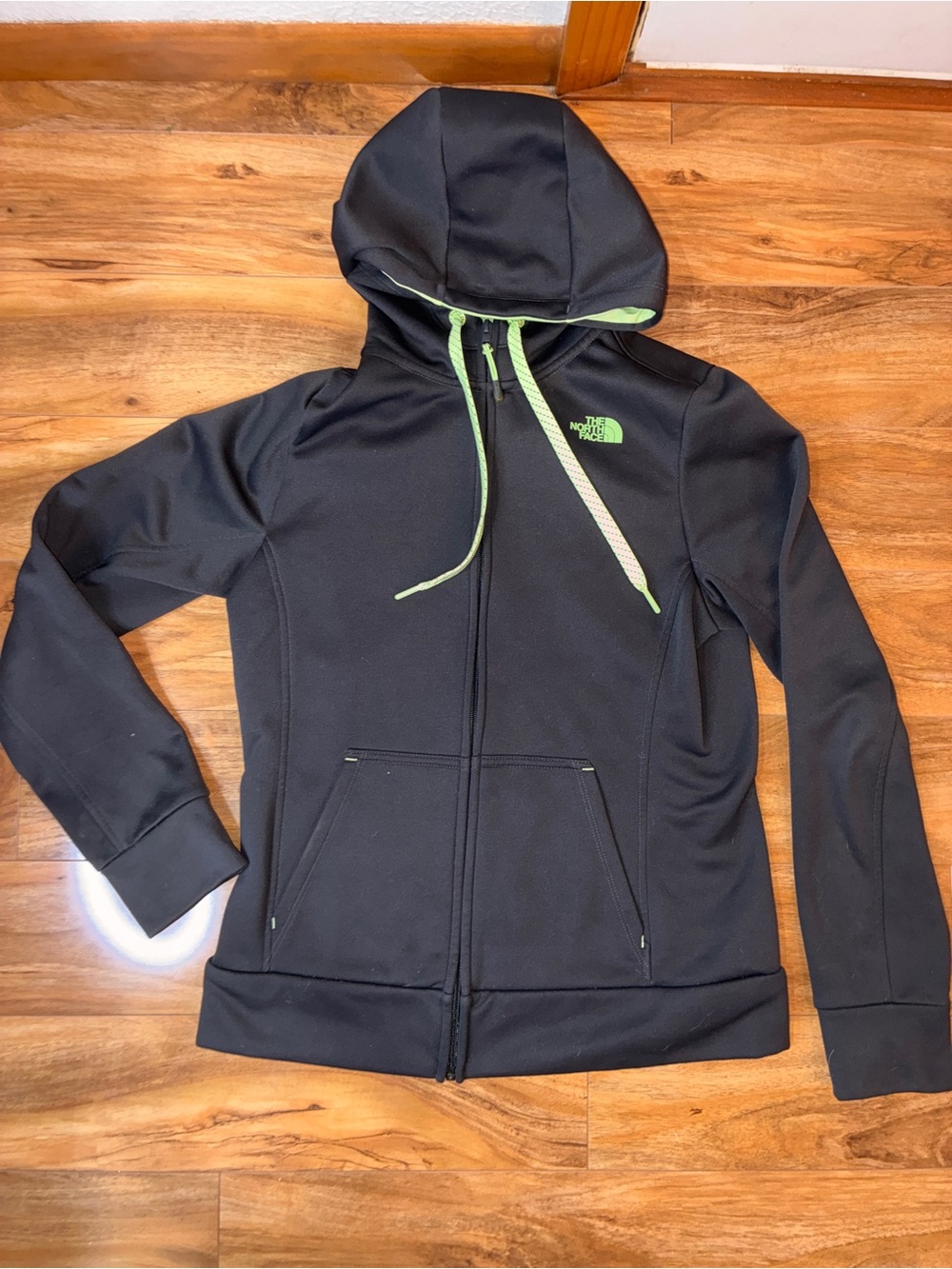 North Face Women’s Full Zip Hoodie, fleece lined, gray/green- size medium